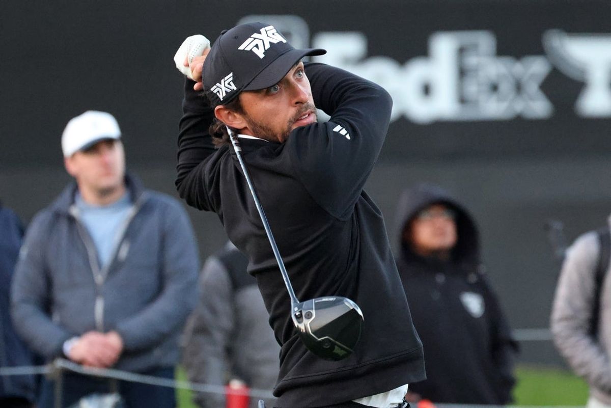 Feb 19, 2026; Pacific Palisades, California, USA;   Marco Penge hits his tee shot on the 10th hole during the first round of the The Genesis Invitational golf tournament at Riviera Country Club. Mandatory Credit: Kiyoshi Mio-Imagn Images