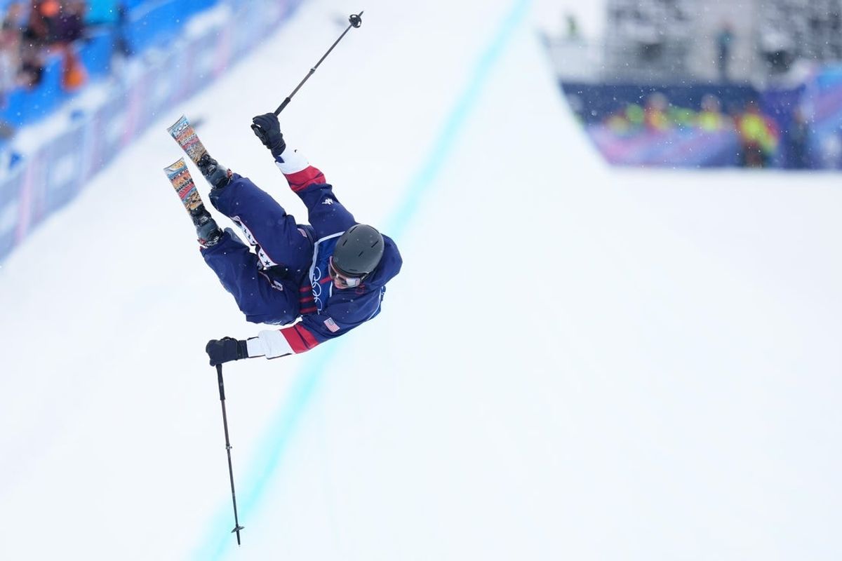 Feb 20, 2026; Livigno, Italy; Hunter Hess of the United States during men's skiing halfpipe qualification during the Milano Cortina 2026 Olympic Winter Games at Livigno Snow Park. Mandatory Credit: Nathan Ray Seebeck-Imagn Images