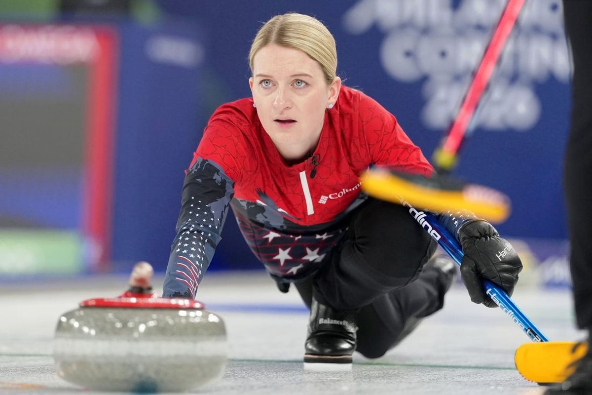Feb 20, 2026; Cortina d'Ampezzo, Italy; Cory Thiesse of the United States during a women's curling semifinal game against Switzerland during the Milano Cortina 2026 Olympic Winter Games at Cortina Curling Olympic Stadium. Mandatory Credit: Eric Bolte-Imagn Images