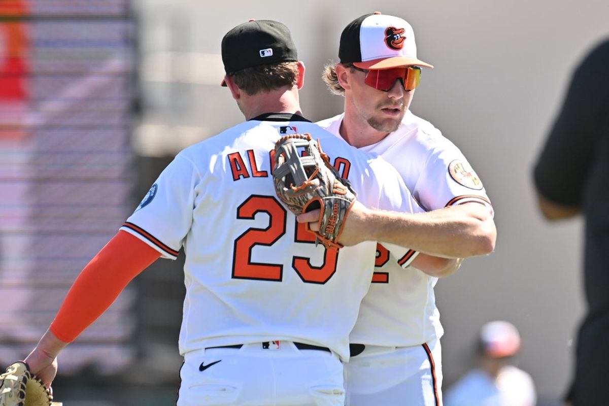 Feb 20, 2026; Sarasota, Florida, USA; Baltimore Orioles first baseman Pete Alonso (25) greets shortstop Gunnar Henderson (2) before the start of the spring training game against the New York Yankees at Ed Smith Stadium. Mandatory Credit: Jonathan Dyer-Imagn Images