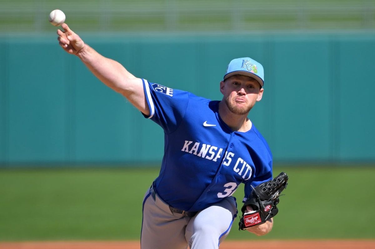 Feb 20, 2026; Surprise, Arizona, USA;  Kansas City Royals pitcher Stephen Kolek (32) delivers to the plate in the first inning against the Texas Rangers at Surprise Stadium. Mandatory Credit: Jayne Kamin-Oncea-Imagn Images