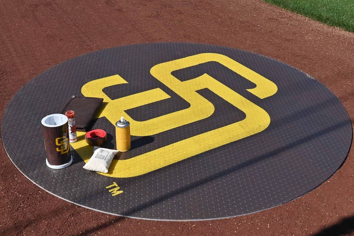 Feb 20, 2026; Peoria, Arizona, USA; General view of the San Diego Padres on deck circle prior to the game against the Seattle Mariners during a Spring Training game at Peoria Sports Complex. Mandatory Credit: Matt Kartozian-Imagn Images
