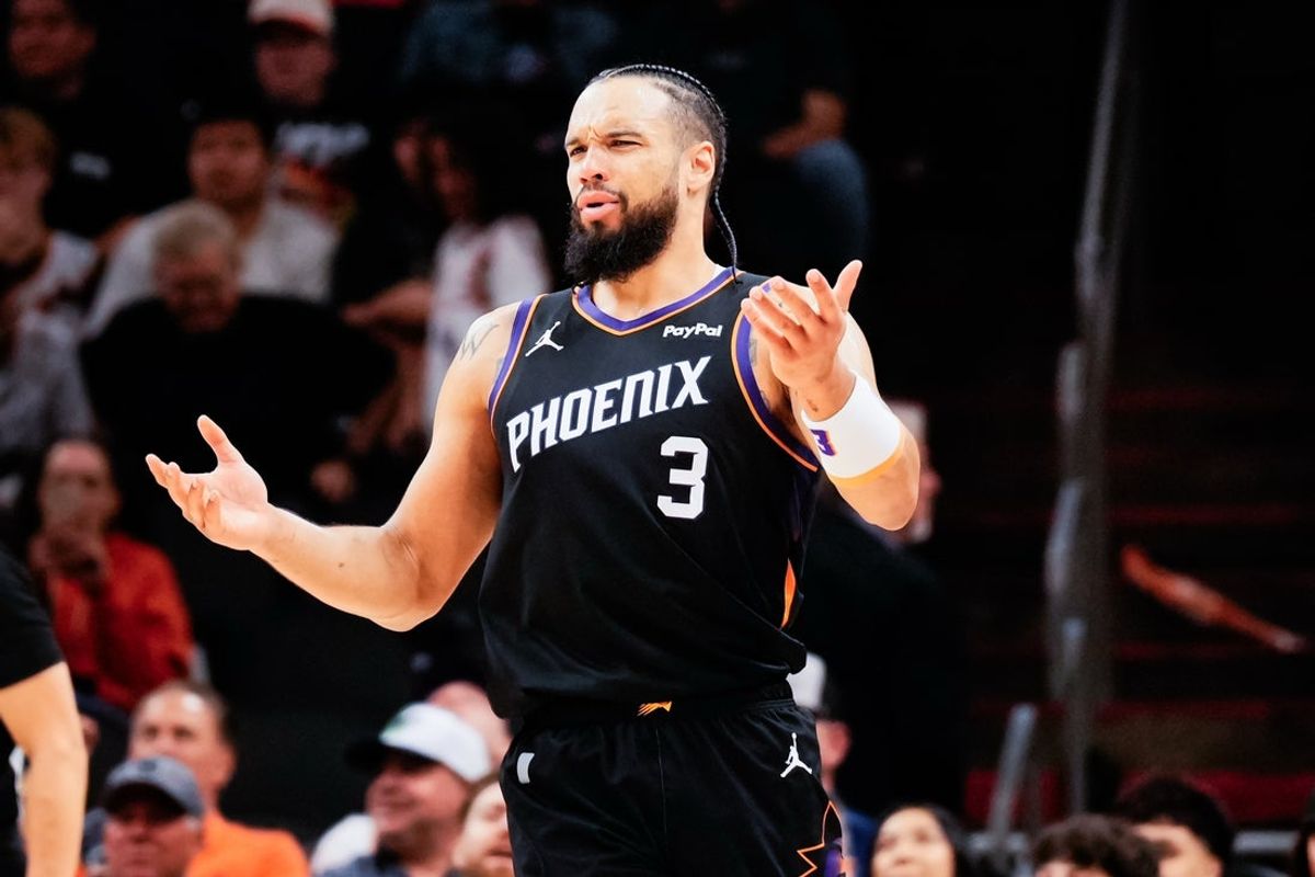 Feb 10, 2026; Phoenix, Arizona, USA; Phoenix Suns guard/forward Dillon Brooks (3) reacts during the second half the game at Mortgage Matchup Center. Mandatory Credit: Arianna Grainey-Imagn Images