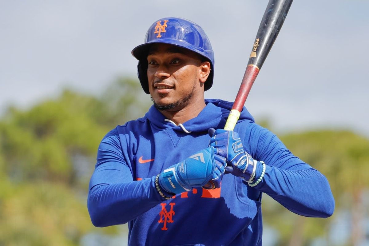 Feb 17, 2026; Port St. Lucie, FL, USA;  New York Mets outfielder Starling Marte waits to hit batting practice during the New York Mets spring training workouts at Clover Park. Mandatory Credit: Reinhold Matay-Imagn Images