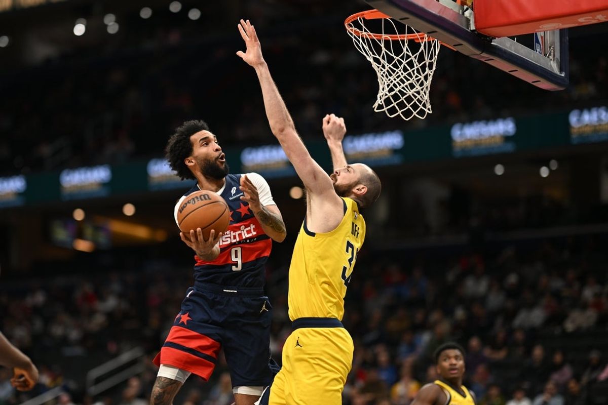Feb 20, 2026; Washington, District of Columbia, USA; Washington Wizards forward Justin Champagnie (9) shoots against Indiana Pacers center Jay Huff (32) during the first quarter at Capital One Arena. Mandatory Credit: Rafael Suanes-Imagn Images