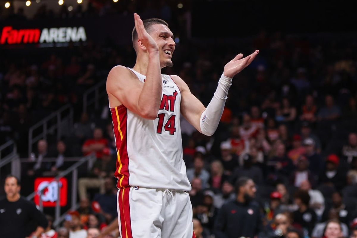 Feb 20, 2026; Atlanta, Georgia, USA; Miami Heat guard Tyler Herro (14) reacts after a shot against the Atlanta Hawks in the second quarter at State Farm Arena. Mandatory Credit: Brett Davis-Imagn Images
