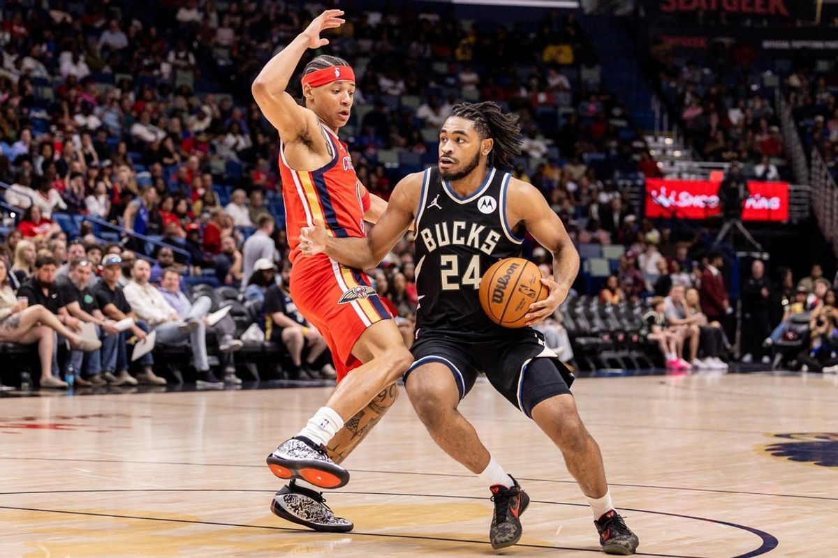 Feb 20, 2026; New Orleans, Louisiana, USA;  Milwaukee Bucks guard Cam Thomas (24) dribbles against the New Orleans Pelicans during the first half at Smoothie King Center. Mandatory Credit: Stephen Lew-Imagn Images