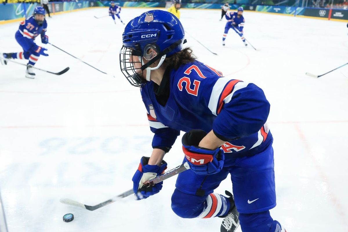Feb 16, 2026; Milan, Italy; Taylor Heise (27) of the United States looks to pass during the first period against Sweden in a women's ice hockey semifinal during the Milano Cortina 2026 Olympic Winter Games at Milano Santagiulia Ice Hockey Arena. Mandatory Credit: Katie Stratman-Imagn Images