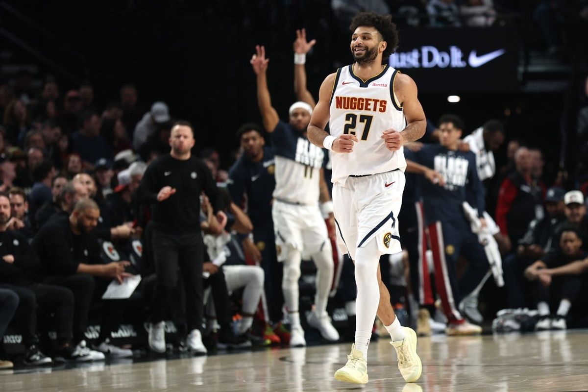 Feb 20, 2026; Portland, Oregon, USA;  Denver Nuggets guard Jamal Murray (27) reacts after making a three-point shot against the Portland Trail Blazers during first half at Moda Center. Mandatory Credit: Jaime Valdez-Imagn Images