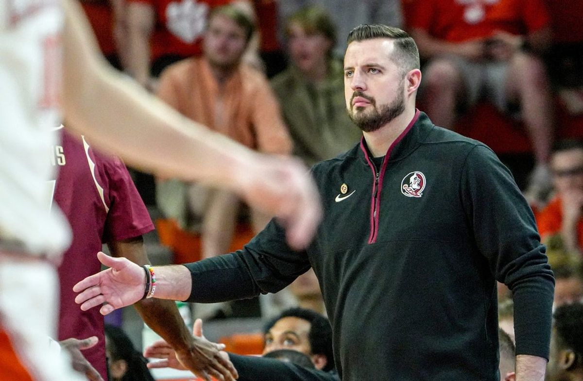 Florida State University Head Coach Luke Loucks during the first half at Littlejohn Coliseum in Clemson, S.C Saturday, February 21, 2026.