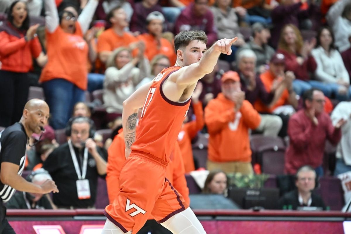 Feb 21, 2026; Blacksburg, Virginia, USA;  Virginia Tech Hokies guard Neoklis Avdalas (17) points to the fans after dunking the ball against the Wake Forest Demon Deacons during the second half at Cassell Coliseum. Mandatory Credit: Brian Bishop-Imagn Images