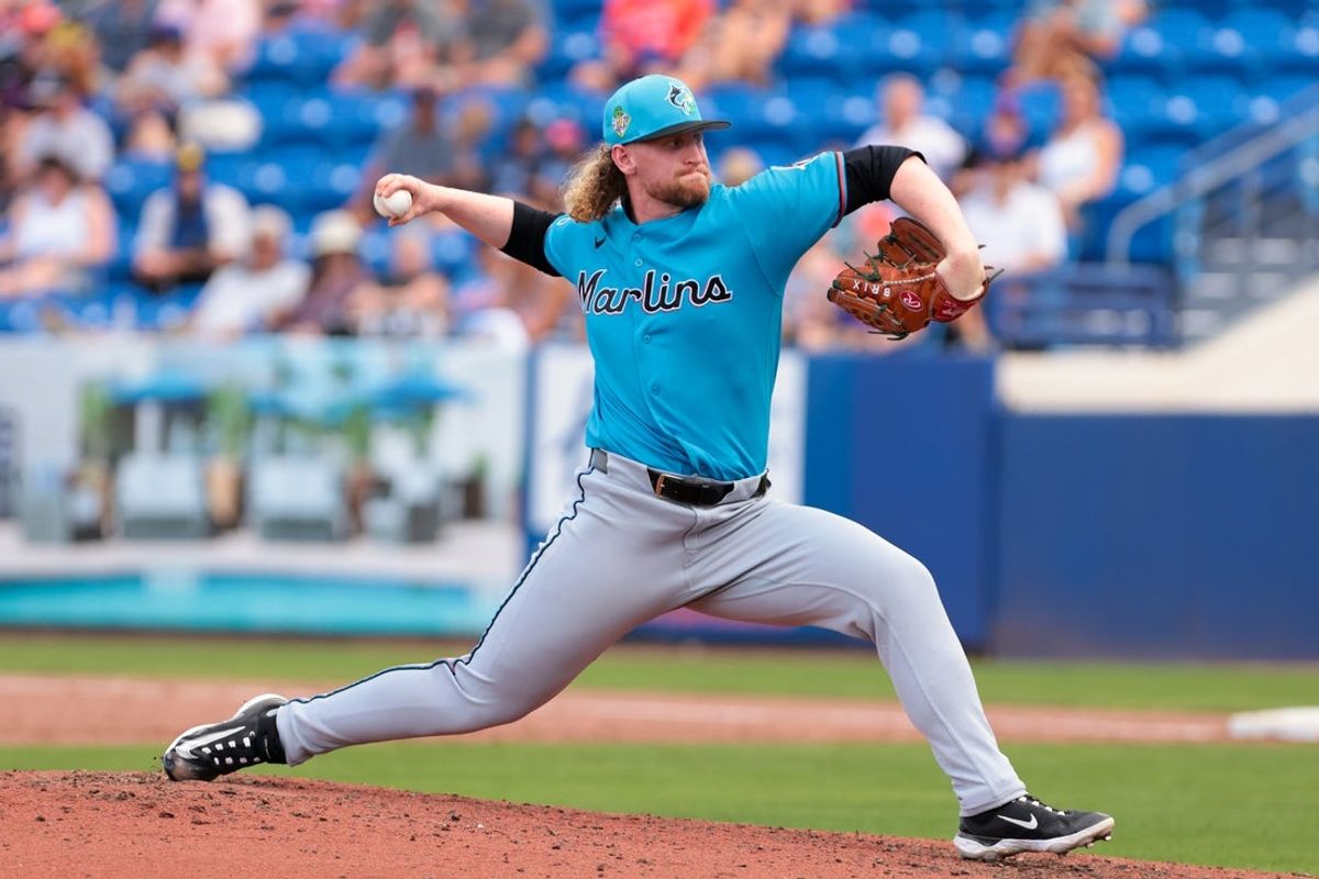 Feb 21, 2026; Port St. Lucie, Florida, USA; Miami Marlins relief pitcher Zach Brzykcy (62) delivers a pitch against the New York Mets during the fifth inning at Clover Park. Mandatory Credit: Sam Navarro-Imagn Images