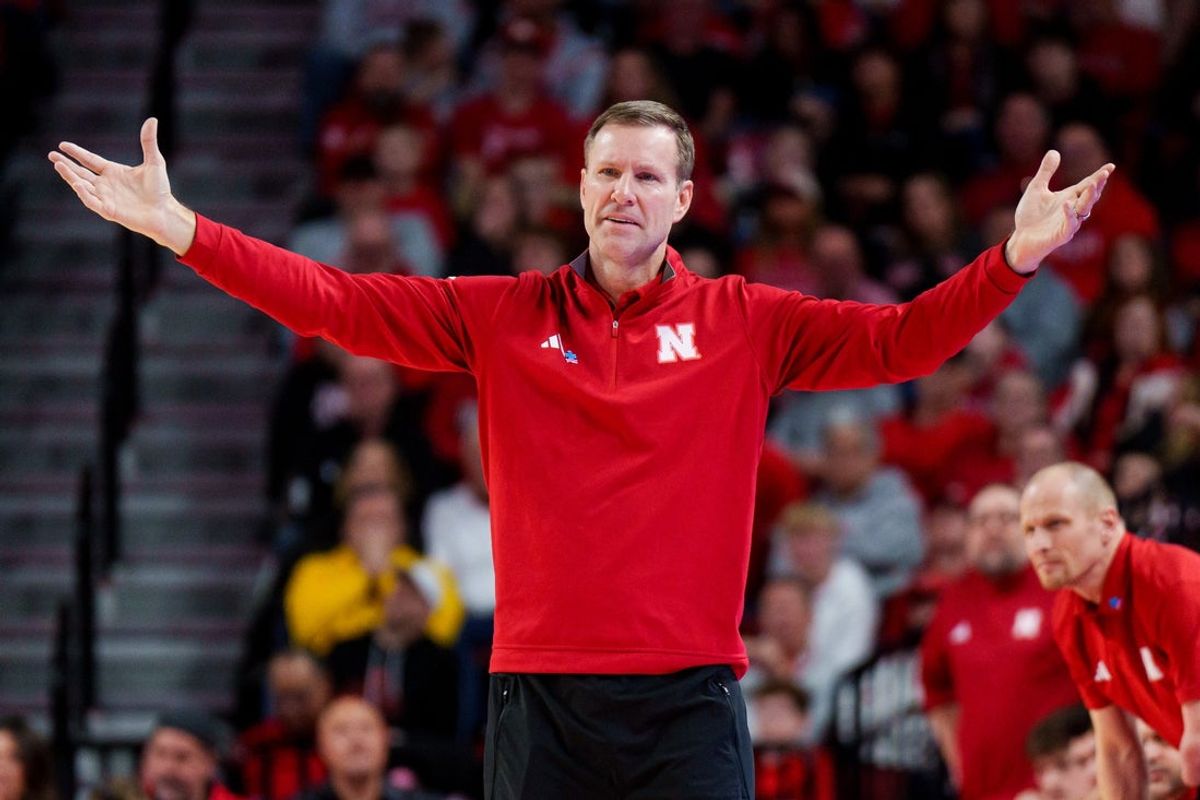 Feb 21, 2026; Lincoln, Nebraska, USA; Nebraska Cornhuskers head coach Fred Hoiberg reacts to a call during the second half against the Penn State Nittany Lions at Pinnacle Bank Arena. Mandatory Credit: Dylan Widger-Imagn Images