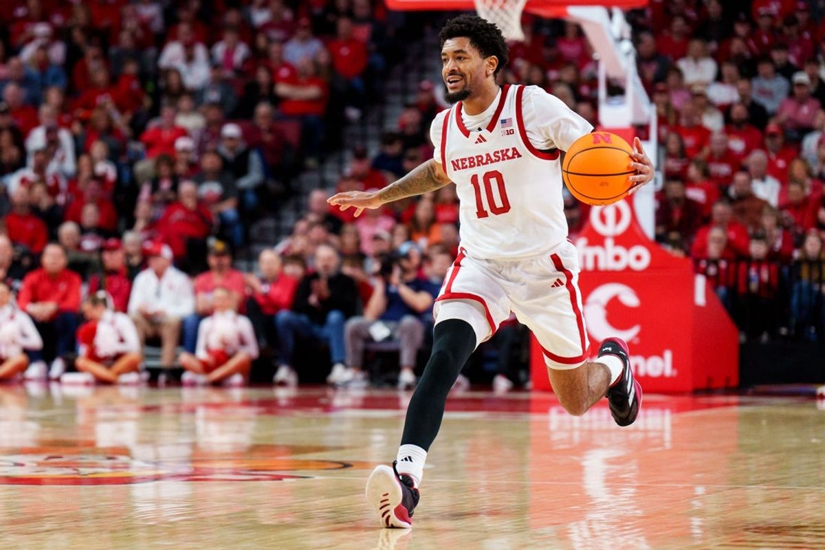Feb 21, 2026; Lincoln, Nebraska, USA; Nebraska Cornhuskers guard Jamarques Lawrence (10) drives during the first half against the Penn State Nittany Lions at Pinnacle Bank Arena. Mandatory Credit: Dylan Widger-Imagn Images