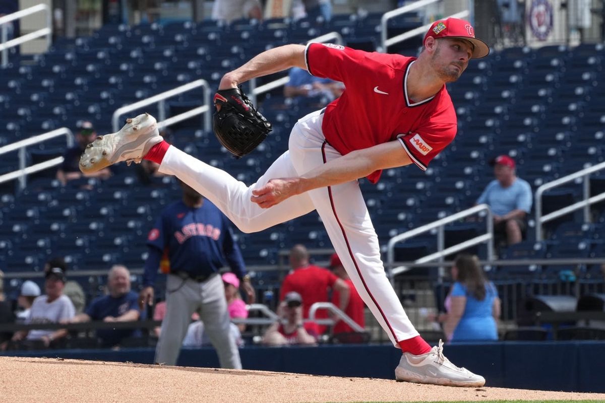 Feb 21, 2026; West Palm Beach, Florida, USA;  Washington Nationals pitcher Jake Eder (46) starts the game against the Houston Astros at CACTI Park of the Palm Beaches. Mandatory Credit: Jim Rassol-Imagn Images