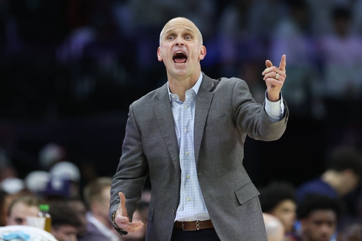 Feb 21, 2026; Philadelphia, Pennsylvania, USA; UConn Huskies head coach Dan Hurley reacts during the first half against the Villanova Wildcats at Xfinity Mobile Arena. Mandatory Credit: Bill Streicher-Imagn Images