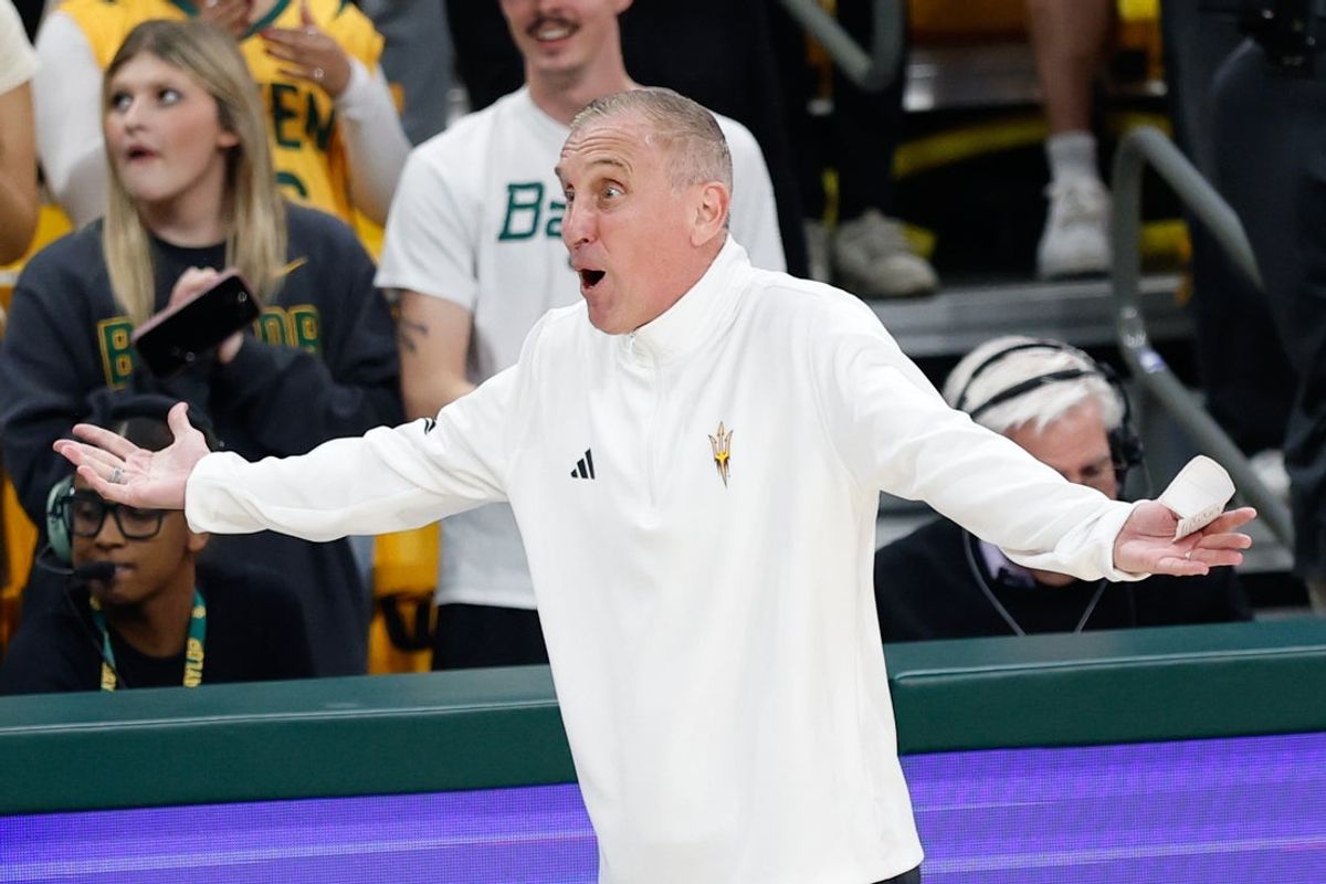 Feb 21, 2026; Waco, Texas, USA; Arizona State Sun Devils head coach Bobby Hurley reacts on the sideline during the second half against the Baylor Bears at Paul and Alejandra Foster Pavilion. Mandatory Credit: Chris Jones-Imagn Images