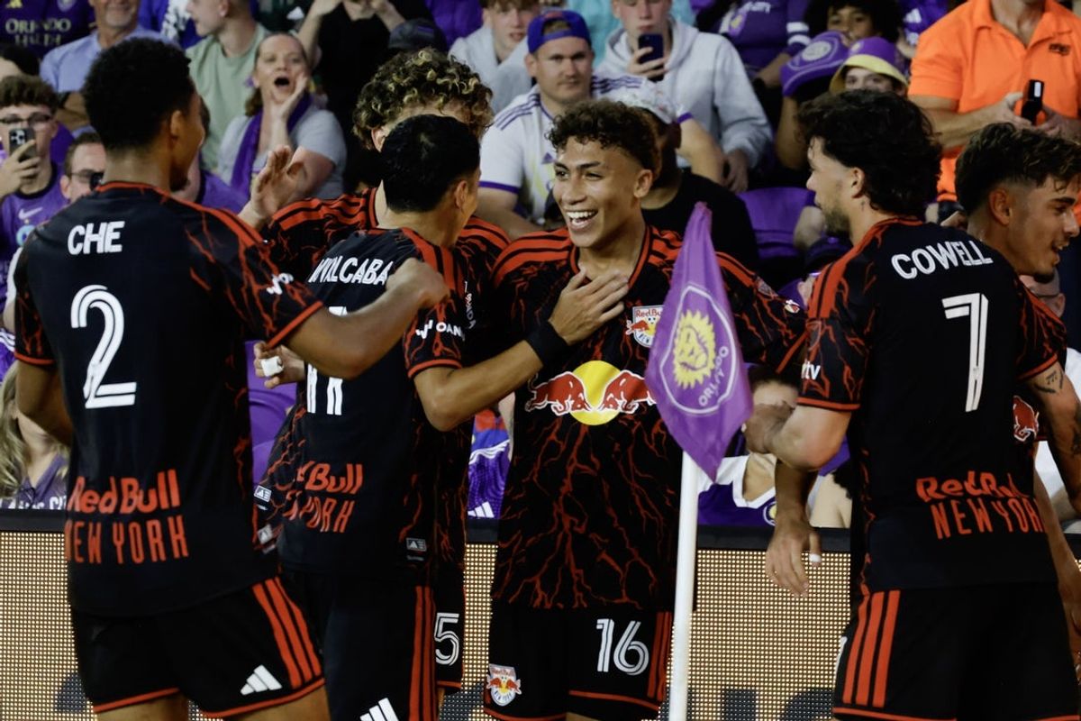 Feb 21, 2026; Orlando, Florida, USA;  New York Red Bulls forward Julian Hall (16) celebrates his goal with teammates during the first half against Orlando City SC at Inter & Co Stadium. Mandatory Credit: Reinhold Matay-Imagn Images