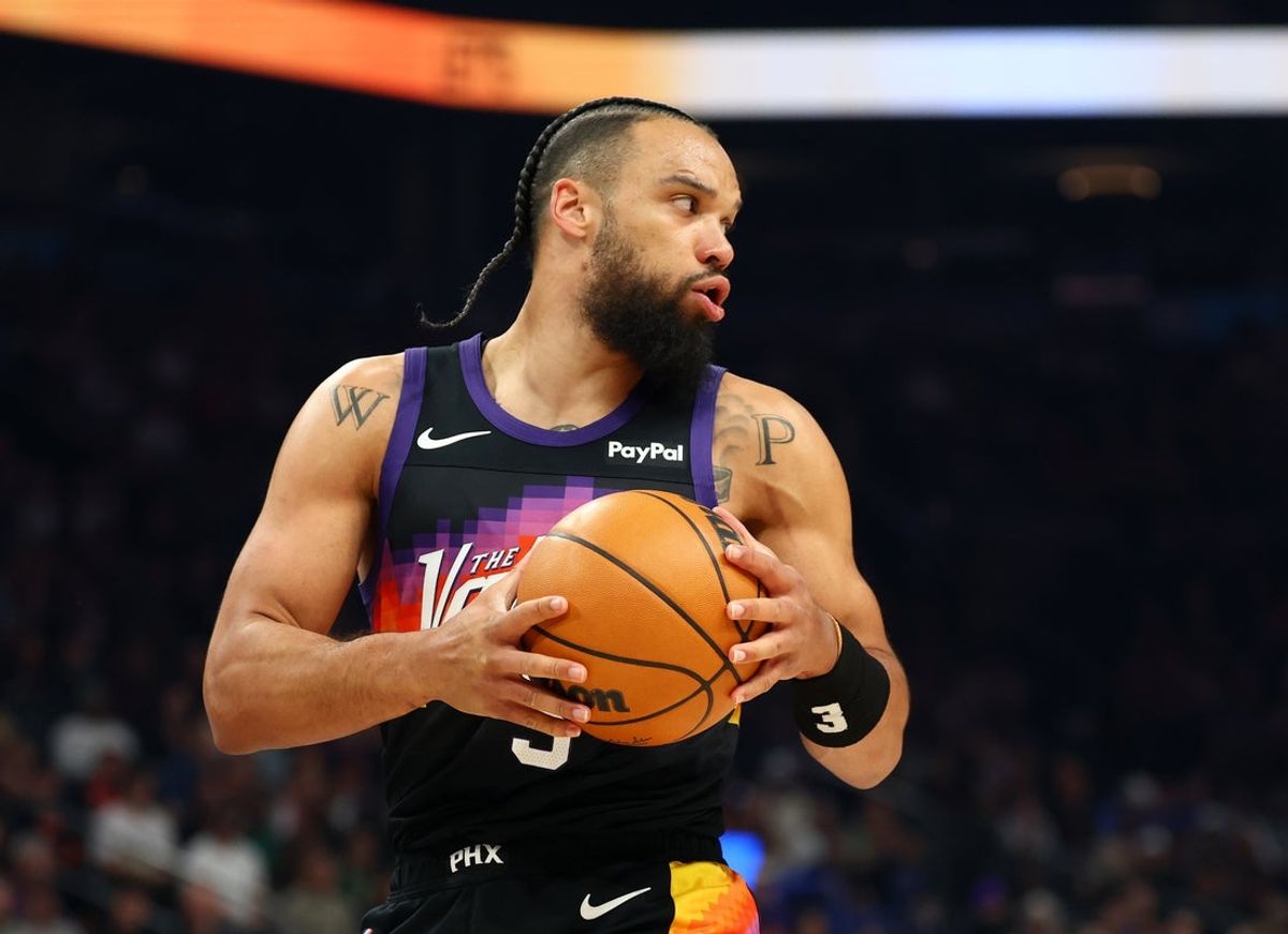 Feb 21, 2026; Phoenix, Arizona, USA; Phoenix Suns forward Dillon Brooks (3) against the Orlando Magic in the first half at Mortgage Matchup Center. Mandatory Credit: Mark J. Rebilas-Imagn Images