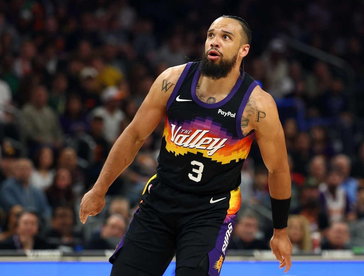 Feb 21, 2026; Phoenix, Arizona, USA; Phoenix Suns forward Dillon Brooks (3) against the Orlando Magic in the first half at Mortgage Matchup Center. Mandatory Credit: Mark J. Rebilas-Imagn Images