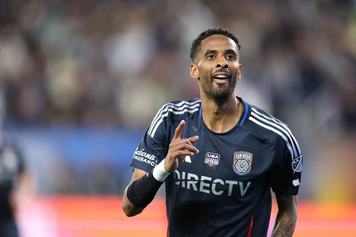 Feb 21, 2026; San Diego, California, USA; San Diego FC forward Amahl Pellegrino (90) celebrates after scoring a goal against the CF Montréal during the first half at Snapdragon Stadium. Mandatory Credit: Abe Arredondo-Imagn Images