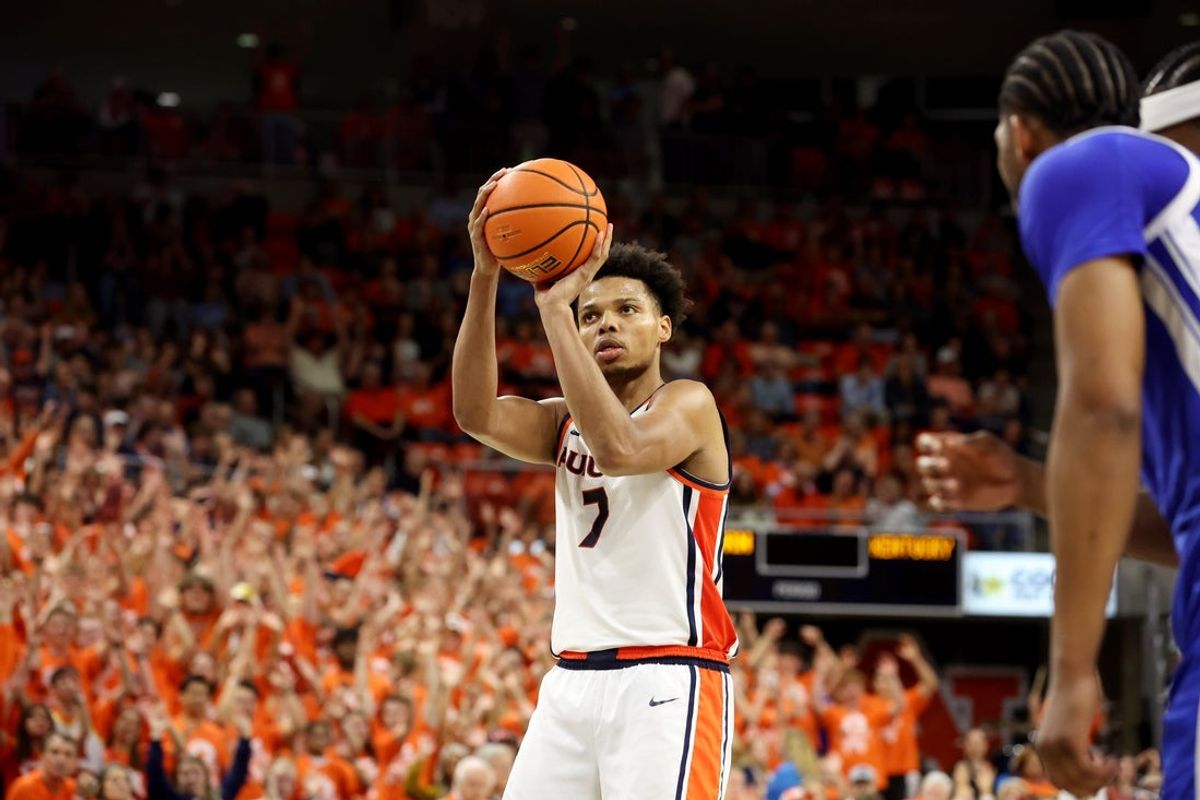 Feb 21, 2026; Auburn, Alabama, USA;  Auburn Tigers guard Keyshawn Hall (7) shoots a free throw during the second half against the Kentucky Wildcats at Neville Arena. Mandatory Credit: John Reed-Imagn Images