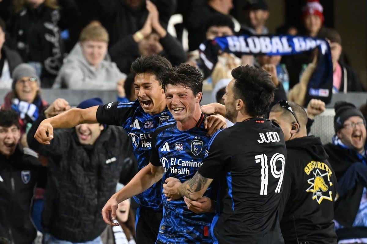 Feb 21, 2026; San Jose, California, USA; San Jose Earthquakes defender Daniel Munie (5) celebrates with teammates after scoring his second goal of the match against Sporting Kansas City in the second half at PayPal Park. Mandatory Credit: Robert Edwards-Imagn Images