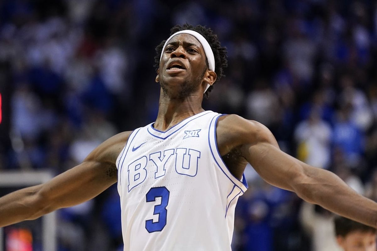 Feb 21, 2026; Provo, Utah, USA; BYU Cougars forward AJ Dybantsa (3) reacts during the second half against the Iowa State Cyclones at Marriott Center. Mandatory Credit: Aaron Baker-Imagn Images