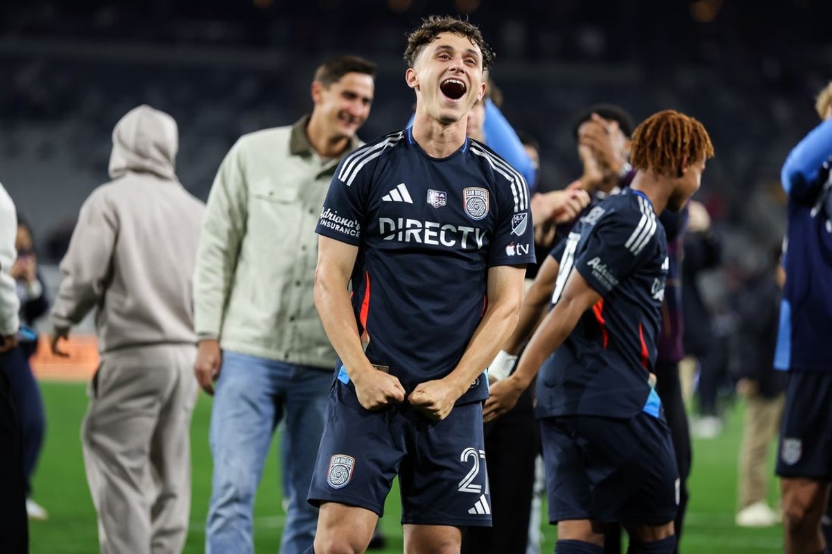Feb 21, 2026; San Diego, California, USA; San Diego FC defender Luca Bombino (27) celebrates after the match against CF Montreal at Snapdragon Stadium. Mandatory Credit: Chadd Cady-Imagn Images