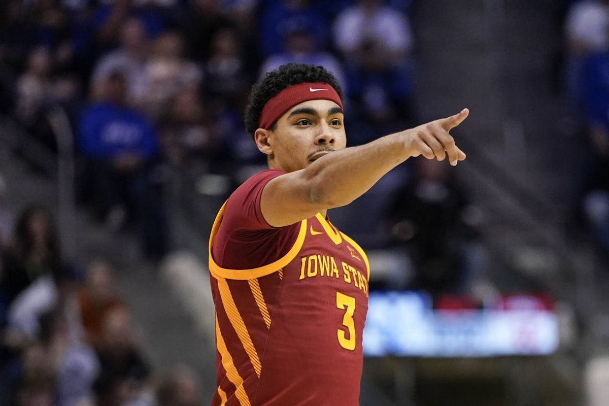 Feb 21, 2026; Provo, Utah, USA; Iowa State Cyclones guard Tamin Lipsey (3) reacts during the second half against the BYU Cougars at Marriott Center. Mandatory Credit: Aaron Baker-Imagn Images