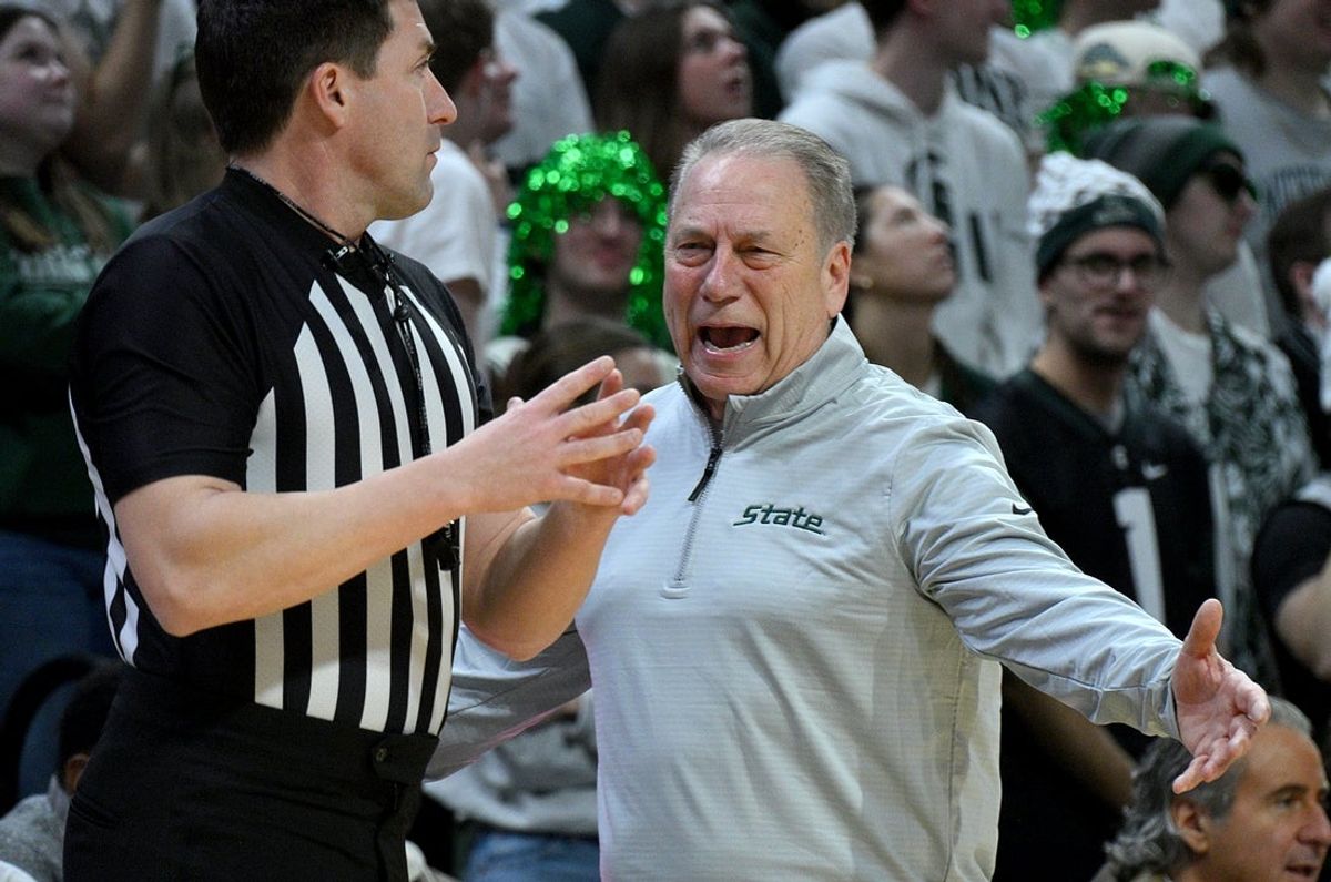 Feb 22, 2026; East Lansing, Michigan, USA;  Michigan State Spartans head coach Tom Izzo reacts during the first half against the Ohio State Buckeyes at Jack Breslin Student Events Center. Mandatory Credit: Dale Young-Imagn Images