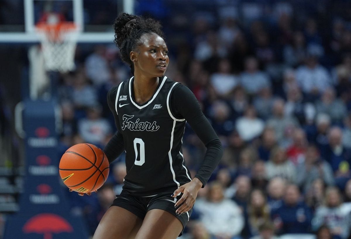 Feb 22, 2026; Storrs, Connecticut, USA; Providence Friars guard Sabou Gueye (0) looks to pass the ball against the UConn Huskies in the second half at Harry A. Gampel Pavilion. Mandatory Credit: David Butler II-Imagn Images