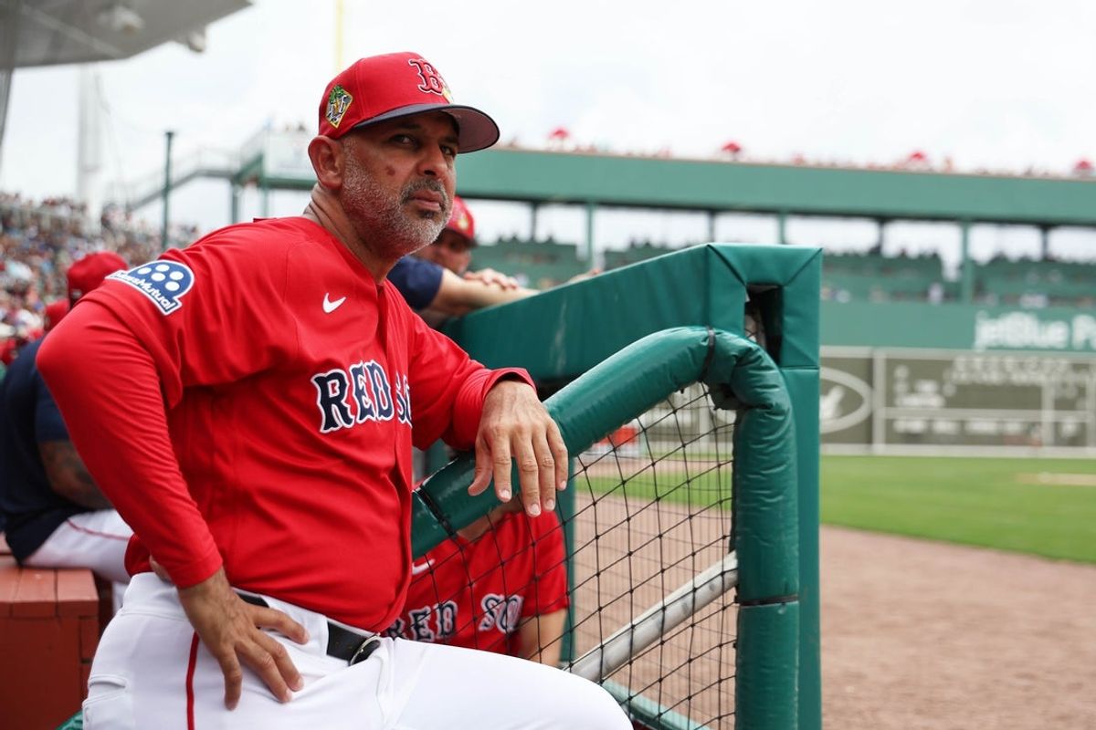 Feb 22, 2026; Fort Myers, Florida, USA;  Boston Red Sox manager Alex Cora (13) looks on during the first inning against the Toronto Blue Jays at JetBlue Park at Fenway South. Mandatory Credit: Kim Klement Neitzel-Imagn Images