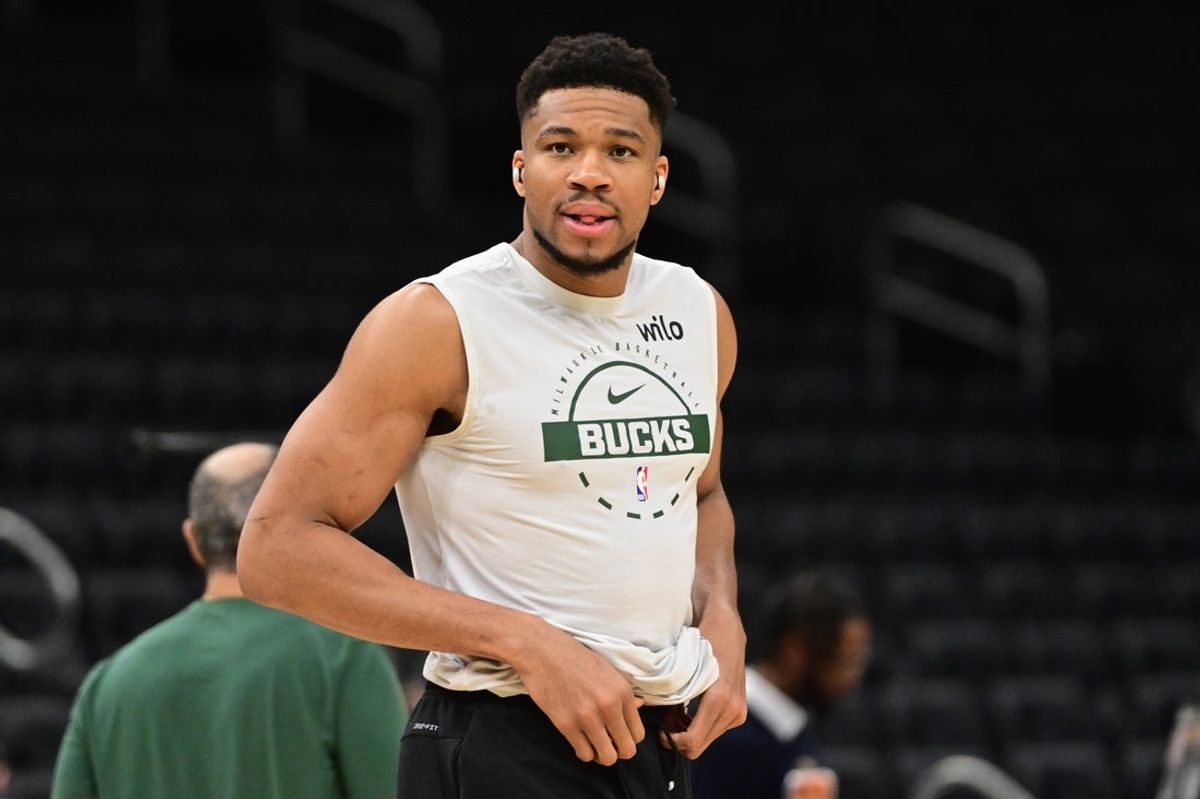 Feb 22, 2026; Milwaukee, Wisconsin, USA;  Milwaukee Bucks forward Giannis Antetokounmpo (34) warms up  before game against the Toronto Raptors at Fiserv Forum. Mandatory Credit: Benny Sieu-Imagn Images