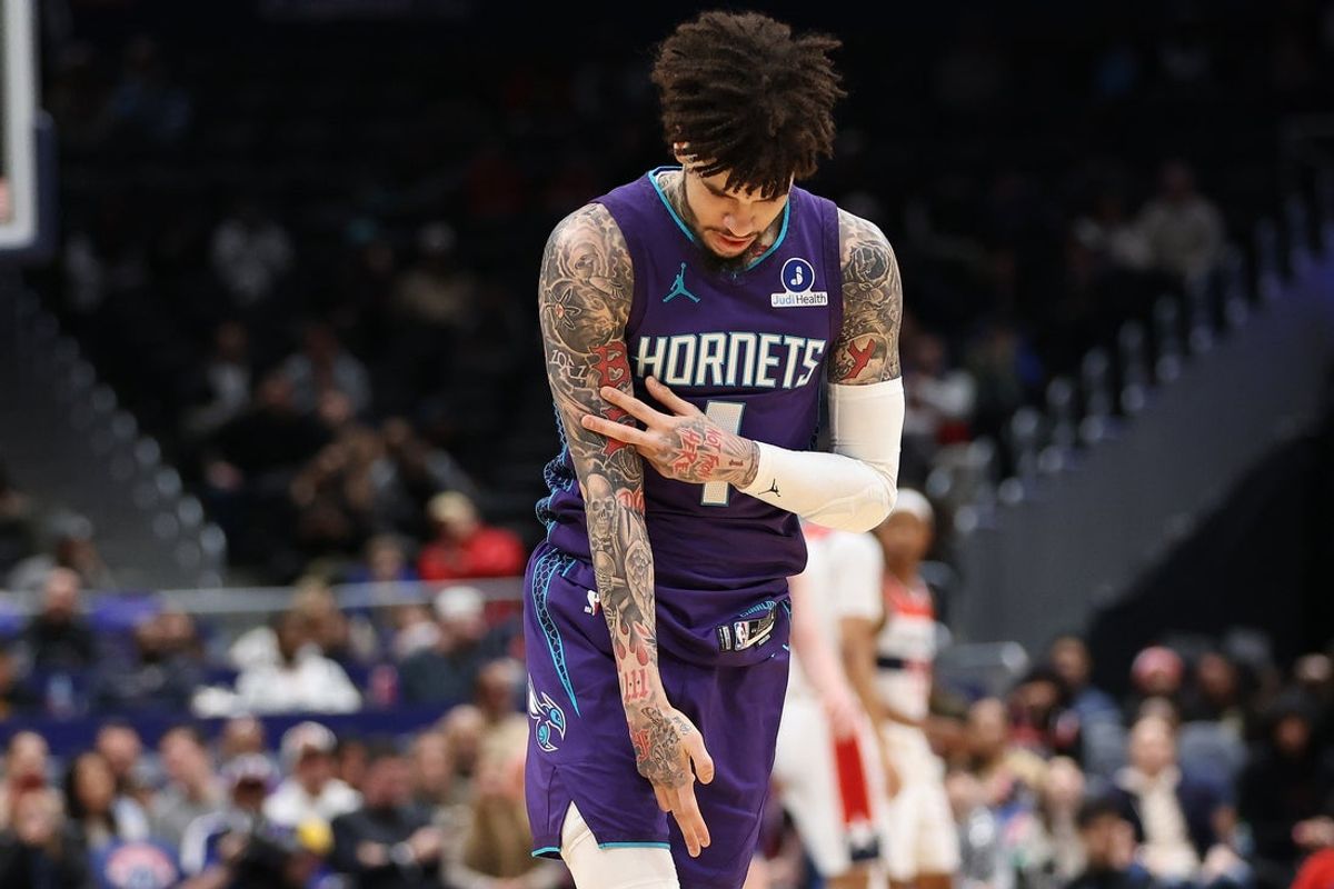 Feb 22, 2026; Washington, District of Columbia, USA; Charlotte Hornets guard LaMelo Ball (1) celebrates during the first half against the Washington Wizards at Capital One Arena. Mandatory Credit: Daniel Kucin Jr.-Imagn Images