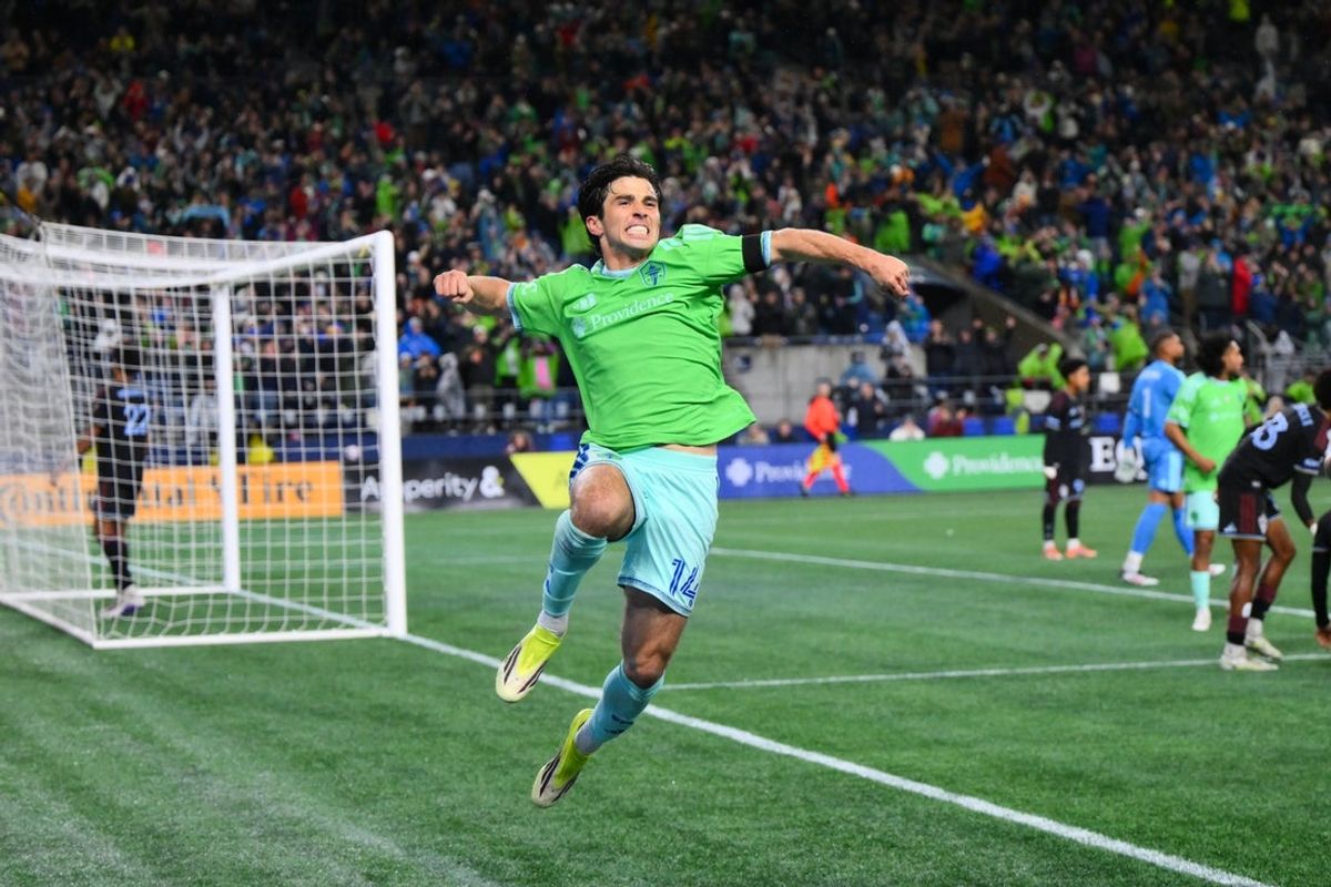 Feb 22, 2026; Seattle, Washington, USA; Seattle Sounders FC forward Paul Rothrock (14) celebrates after scoring a goal against Colorado Rapids during the second half at Lumen Field. Mandatory Credit: Steven Bisig-Imagn Images