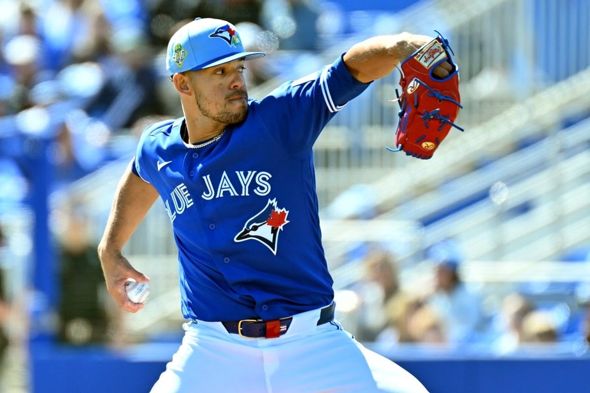 Feb 23, 2026; Dunedin, Florida, USA; Toronto Blue Jays starting  pitcher Jose Berrios (17) throws a pitch in the first inning against the New York Mets at TD Ballpark. Mandatory Credit: Jonathan Dyer-Imagn Images