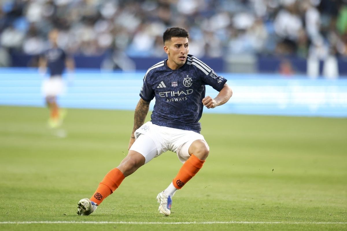 Feb 22, 2026; Carson, California, USA; New York City FC midfielder Nicolas Fernandez (7) during the second half agains the LA Galaxy at Dignity Health Sports Park. Mandatory Credit: William Navarro-Imagn Images