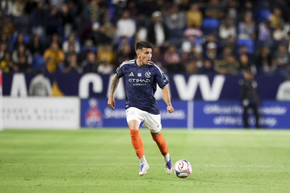 Feb 22, 2026; Carson, California, USA; New York City FC midfielder Nicolas Fernandez (7) dribbles during the second half against LA Galaxy at Dignity Health Sports Park. Mandatory Credit: William Navarro-Imagn Images