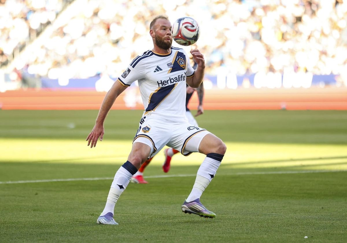 Feb 22, 2026; Carson, California, USA; LA Galaxy forward Joao Klauss (99) during the first half against against New York City FC at Dignity Health Sports Park. Mandatory Credit: William Navarro-Imagn Images