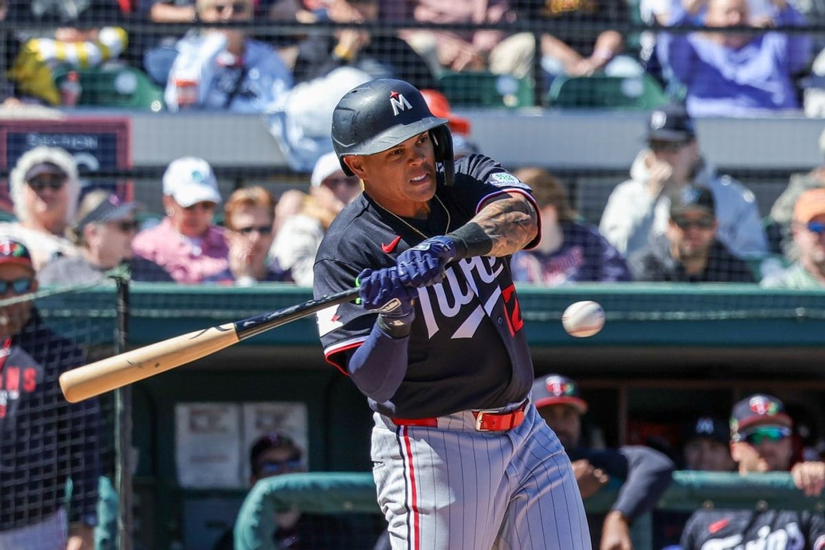 Feb 23, 2026; Lakeland, Florida, USA; Minnesota Twins center fielder Byron Buxton (25) bats during the second inning against the Detroit Tigers at Publix Field at Joker Marchant Stadium. Mandatory Credit: Mike Watters-Imagn Images