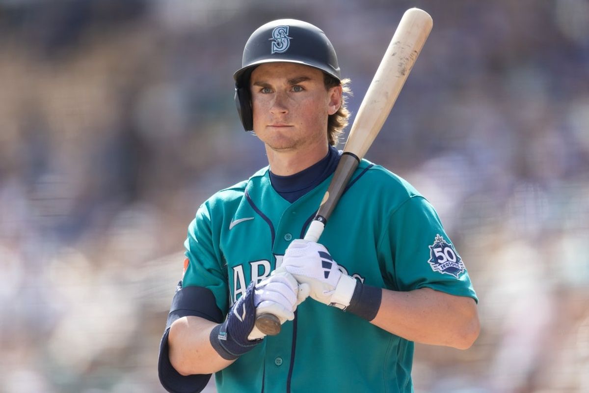 Feb 23, 2026; Phoenix, Arizona, USA; Seattle Mariners shortstop Colt Emerson against the Los Angeles Dodgers during a spring training game at Camelback Ranch-Glendale. Mandatory Credit: Mark J. Rebilas-Imagn Images