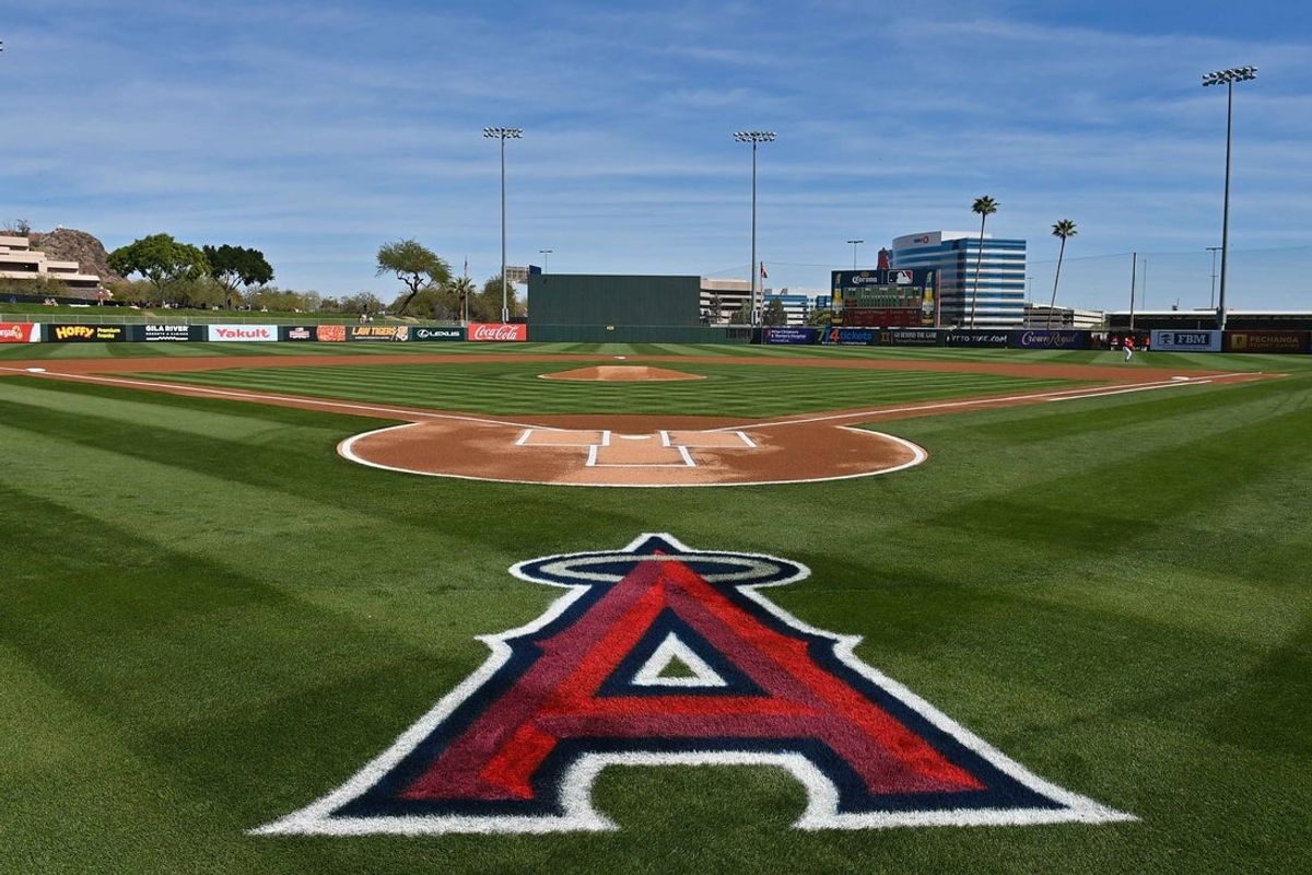 Feb 23, 2026; Tempe, Arizona, USA;  General view of the field prior to a spring training between game between the Los Angeles Angels and Texas Rangers at Tempe Diablo Stadium. Mandatory Credit: Matt Kartozian-Imagn Images