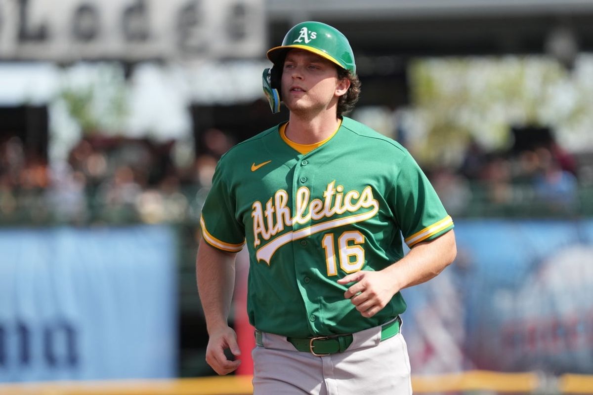 Feb 23, 2026; Scottsdale, Arizona, USA; Athletics first baseman Nick Kurtz (16) runs the bases against the San Francisco Giants in the first inning at Scottsdale Stadium. Mandatory Credit: Rick Scuteri-Imagn Images