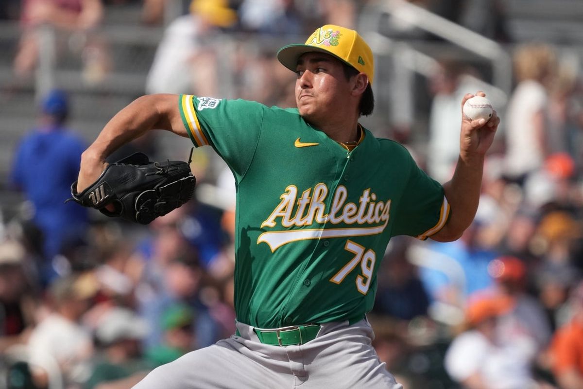 Feb 23, 2026; Scottsdale, Arizona, USA; Athletics pitcher Gage Jump (79) throws against the San Francisco Giants in the third inning at Scottsdale Stadium. Mandatory Credit: Rick Scuteri-Imagn Images