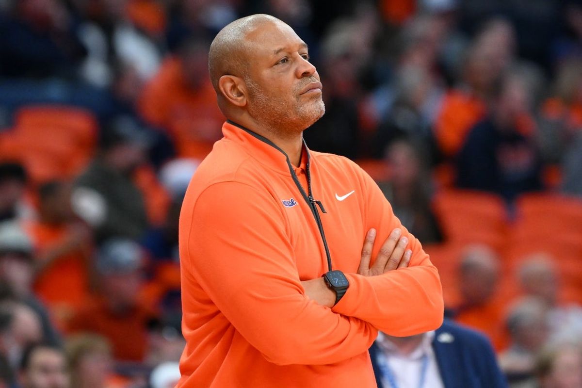 Feb 21, 2026; Syracuse, New York, USA; Syracuse Orange head coach Adrian Autry looks on during the second half against the North Carolina Tar Heels at the JMA Wireless Dome. Mandatory Credit: Rich Barnes-Imagn Images