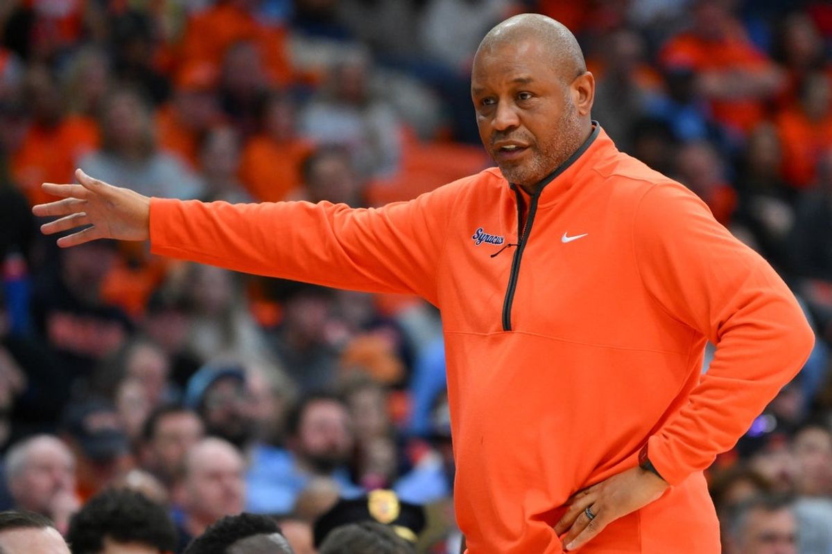 Feb 21, 2026; Syracuse, New York, USA; Syracuse Orange head coach Adrian Autry gestures during the second half against the North Carolina Tar Heels at the JMA Wireless Dome. Mandatory Credit: Rich Barnes-Imagn Images