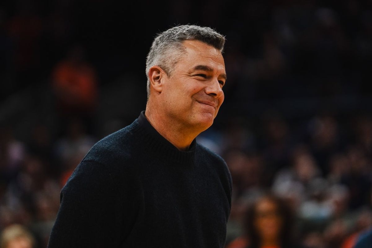 Feb 21, 2026; Charlottesville, Virginia, USA; Virginia Cavaliers retired head coach Tony Bennett stands on the court during a court dedication before the game against the Miami (FL) Hurricanes at John Paul Jones Arena. Mandatory Credit: Emily Faith Morgan-Imagn Images