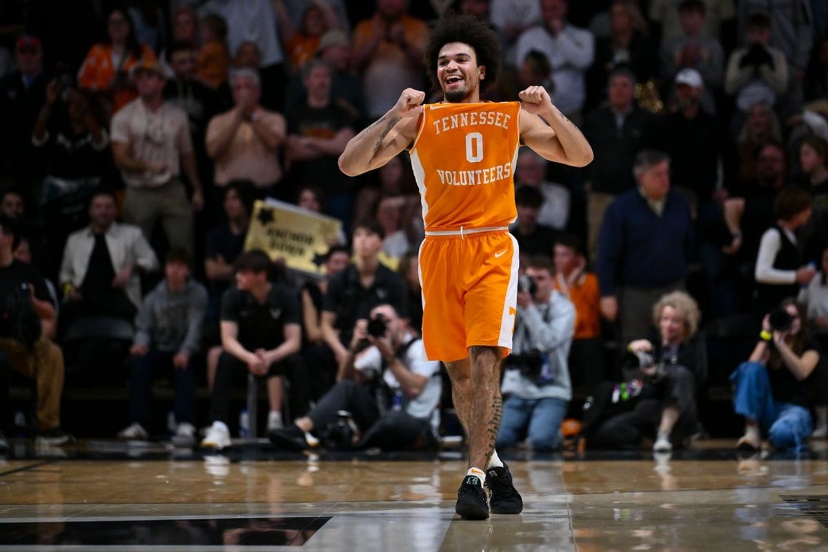 Feb 21, 2026; Nashville, Tennessee, USA;  Tennessee Volunteers guard Ja'kobi Gillespie (0) reacts to the win over Vanderbilt Commodores during the second half at Memorial Gymnasium. Mandatory Credit: Steve Roberts-Imagn Images