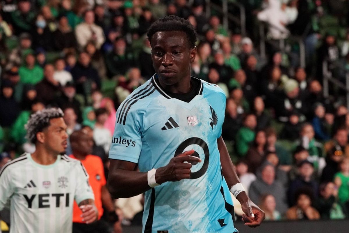 Feb 21, 2026; Austin, Texas, USA; Minnesota United forward Kelvin Yeboah (9) stops during the first half against Austin FC at Q2 Stadium. Mandatory Credit: Dustin Safranek-Imagn Images